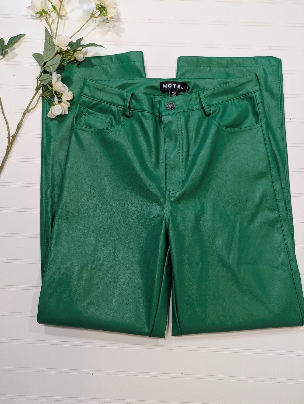 Motel Bright Green Vegan Leather High Rise Wide Legged Pants